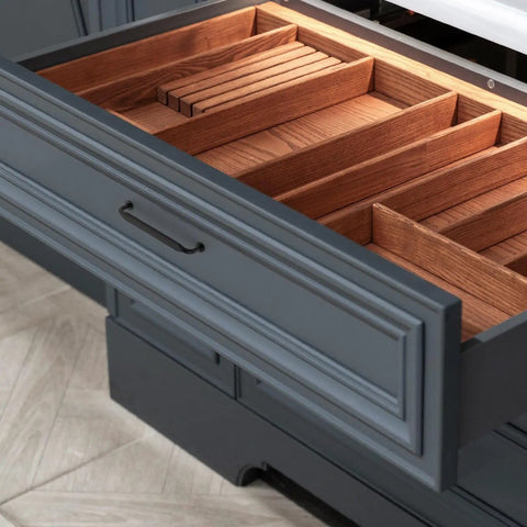 Premium Matte Black Cabinet Handles And Drawer Pulls 5 Inch 10 Pack Heavy Duty Zinc Alloy Kitchen Hardware on open drawer.