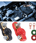 Heavy Duty Battery Terminal Connectors Featuring Slick Plastic Caps For Street Ready Corrosion Defense And Killer Conductivity On Cars Trucks Rvs And Boats, showcasing black and red connectors with brass fittings and associated hardware.