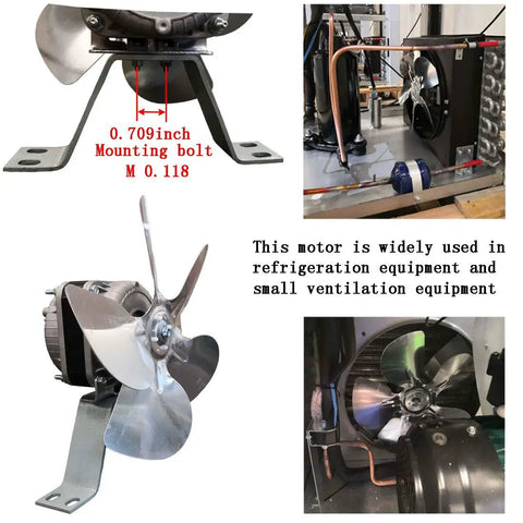 AC Shaded Pole Fan Motor 120V 60Hz 18W Output For Small Ventilation And Refrigeration Gear, shown in an evaporator setup