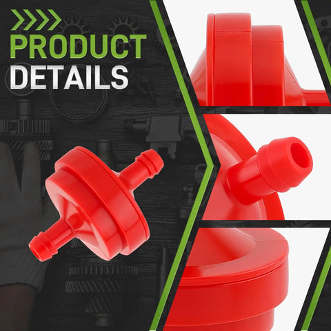 Close-up of red inline gas fuel filter for lawn mower, 1/4 inch ID, 150 micron filter, 10 Pack Inline Gas Fuel Filters For Lawn Mower Quarter Inch ID 150 Micron Red Replacement Filters Fits John Deere AM107314 LG298090S PT4265 298090S 298090 394358 394358B 394358S Toro 42 5240 56 6360