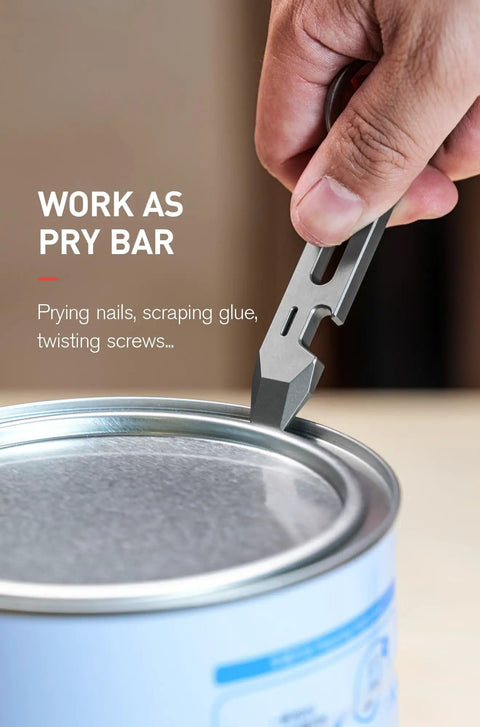 Titanium EDC Pry Bar Multitool With Dope Bottle Opener And Hex Wrench Ruler For Everyday Carry Keychain Pocket Tool shown opening a can