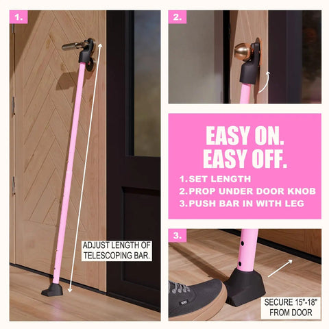 Badass Heavy Duty Three In One Door Security Bar Lock With Adjustable Iron Frame And Sliding Window Stopper For Real Home Defense Apartment And Travel Safety In Pink, shown adjusting length and placement under door knob.