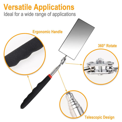 Extendable Inspection Mirror 12 To 30 Inch Reach Flexible Rectangle Mirror With Retractable Long Handle and ergonomic grip