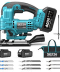 Badass Brushless Cordless Jigsaw Featuring Dual Four Ah Batteries And Rock Solid Variable Speed Settings For Lightning Fast Precision Cuts On Wood And Steel Projects with two battery packs and saw blades.