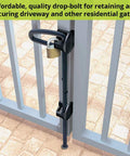 Padlockable Drop Bolt With Padlock Storage For Square Post Metal Gates 24 Inch Length Prevents Dragging And Dropping installed on gate