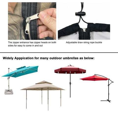 Universal Canopy Mosquito Net With Zipper Door And Adjustable Rope For Outdoor Umbrellas And Patio Tables Fits Seven Point Five To Eleven Feet Round Or Eight Foot Square Canopies Black showing zipper and drawstring details with compatible umbrellas.