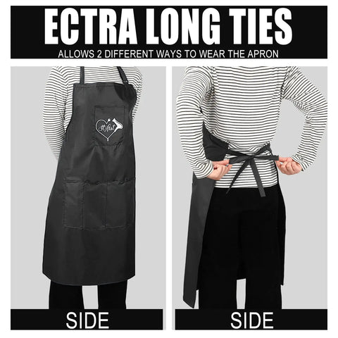 Back and side view of 4 Piece Waterproof Hair Stylist Apron Set With 4 Pockets Black 33X25 Inch Salon Aprons For Hairdressers And Cosmetologists Built To Last Comfort Easy Clean Pro Grade Gear For Women And Men showing adjustable ties.