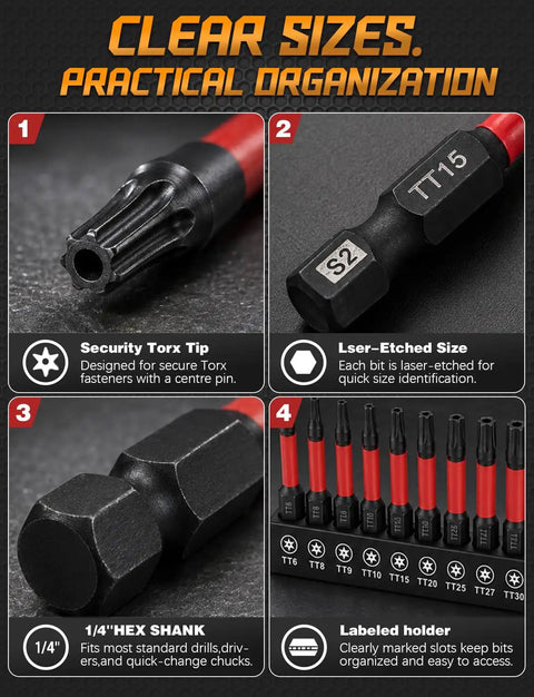 Close-up of Security Torx Tip and TT15 bit from 10 Piece Security Torx Bit Set Including Tamper Resistant Star Bits Tt6 To Tt40 And 2 Inch Shafts For Impact Drivers Built Solid To Handle Whatever You Gonna Crank On Later.