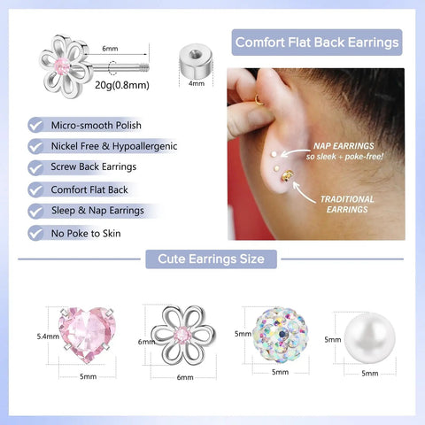 Hypoallergenic Surgical Steel Earrings for Girls and Toddlers with Screw Back Flat Posts Nickel Free and Safe for Sensitive Ears Kid Friendly Mixed 14K Gold and Silver Stud Set Featuring Heart Flower Pearl Star Shapes. 5mm flower and pearl studs