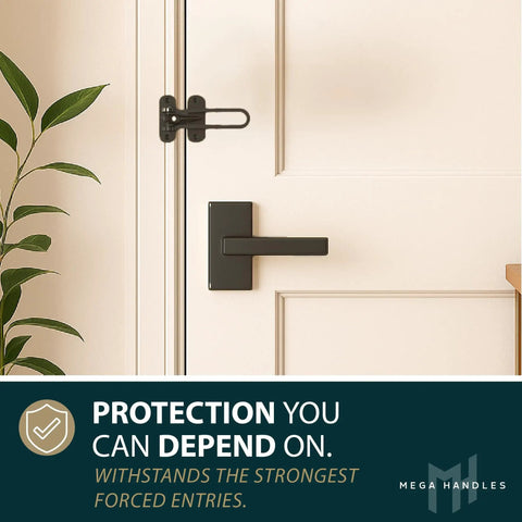 Heavy Duty Swing Bar Door Lock For Kids Safety, 4.2 Inch Zinc Alloy Reinforcement Guard, Matte Black Childproof Door Stopper installed