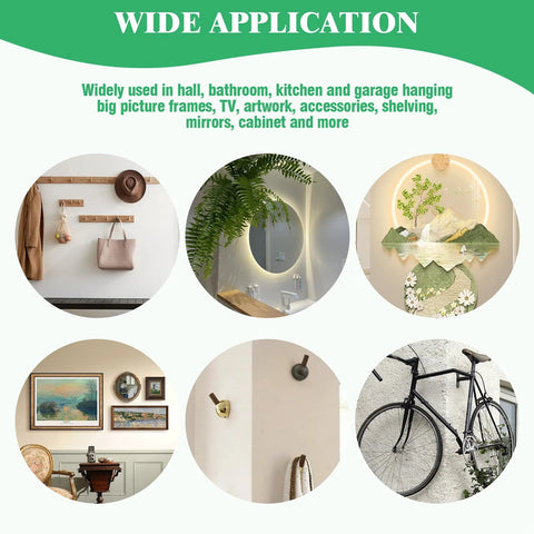 Various uses of 180Pcs 90 Sets Steel Wall Anchor And Screw Kit shown in home settings for hanging frames, accessories, and mirrors.