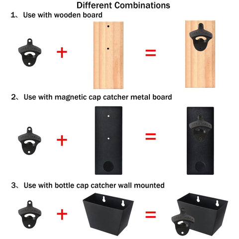 Different combinations for Heavy Duty Cast Iron Wall Mounted Bottle Opener For Draft Beer And Soda In Matte Black Finish.