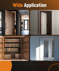 Composite image showing applications of Hidden Bookcase Door Pivot Hinge Kit For Secret Doors With 500 Lb Capacity Heavy Duty Steel Hinges.