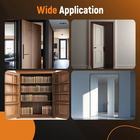Composite image showing applications of Hidden Bookcase Door Pivot Hinge Kit For Secret Doors With 500 Lb Capacity Heavy Duty Steel Hinges.