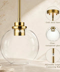 Luboyear 3 Pack Inch Clear Globe Glass Pendant Lights, Gold Brass Adjustable Height Hanging Light Fixtures showcasing clear glass shade.