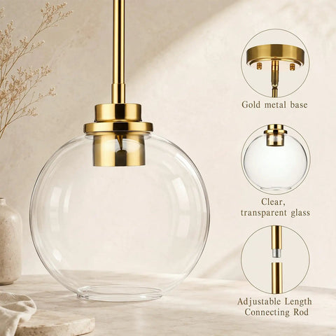 Luboyear 3 Pack Inch Clear Globe Glass Pendant Lights, Gold Brass Adjustable Height Hanging Light Fixtures showcasing clear glass shade.