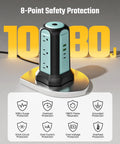 Power Strip Tower Surge Protector With 9 Outlets And 4 USB Ports, blue vertical design with safety feature icons displayed.