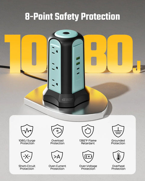 Power Strip Tower Surge Protector With 9 Outlets And 4 USB Ports, blue vertical design with safety feature icons displayed.