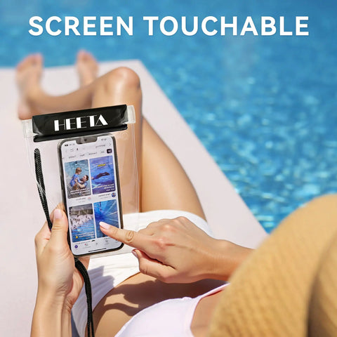 5 Pack Clear Waterproof Dry Bags For Camera, Phone, Maps And More with lanyard showing phone usability at poolside