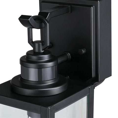 Close-up of Super Practical Traditional One Light Outdoor Wall Fixture With Motion Sensor Dusk To Dawn Sensor Matte Black Clear Glass Lantern