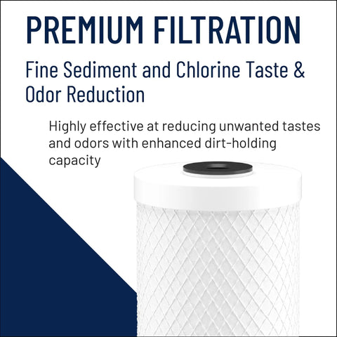 Top view of Big Blue 20 Inch Carbon Water Filter Cartridge For Whole House With Bonded Powdered Activated Carbon Pac Filter 0.5 Micron 20 By 4.5 Inch Replacement For Heavy Duty Housings Delivers Great Tasting Water By Reducing Chlorine Taste And Odor showcasing premium filtration benefits.