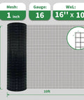 16 By 10 Feet Black Hardware Cloth Roll Featuring One Inch Grids And 16 Gauge PVC Coated Galvanized Steel, showcasing size and grid details.
