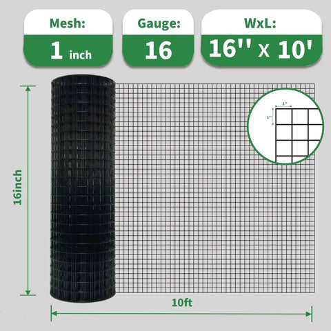 16 By 10 Feet Black Hardware Cloth Roll Featuring One Inch Grids And 16 Gauge PVC Coated Galvanized Steel, showcasing size and grid details.