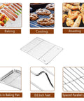 14 Inch Stainless Steel Roasting Pan Set With V Shaped Rack And Baking Rack For Turkey Or Chicken Pro Grade Heavy Duty Roaster Pan With Handles Dishwasher Safe 3 Piece Lasagna Pan And More Healthy Kitchen Must Have showing baking, cooling, roasting features
