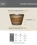 Outdoor Whiskey Barrel Planter Set Of 2 Made From Resin In Walnut Brown With UV Coating And Drainage Holes, dimensions chart