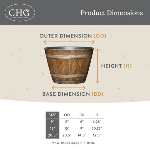 Outdoor Whiskey Barrel Planter Set Of 2 Made From Resin In Walnut Brown With UV Coating And Drainage Holes, dimensions chart
