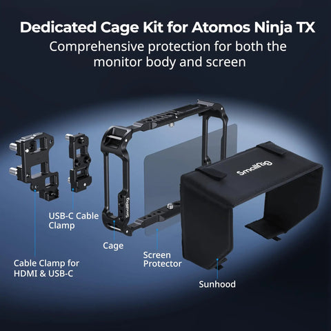 Monitor Cage Kit For Atomos Ninja TX And TX GO with built-in expansion interfaces, HDMI and USB-C cable clamp, sun hood, screen protector.