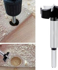 Upgraded 40 MM Three Cutter Forstner Drill Bits Pro Grade High Hardness Cemented Carbide Tips For Rock Solid Woodworking Jobs No Sweat Drilling Every Time, close-up of drill bit in wood.