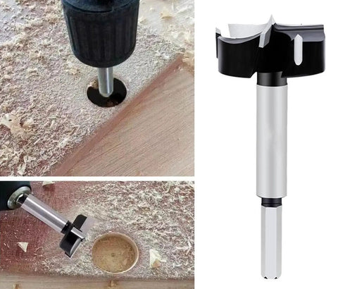 Upgraded 40 MM Three Cutter Forstner Drill Bits Pro Grade High Hardness Cemented Carbide Tips For Rock Solid Woodworking Jobs No Sweat Drilling Every Time, close-up of drill bit in wood.