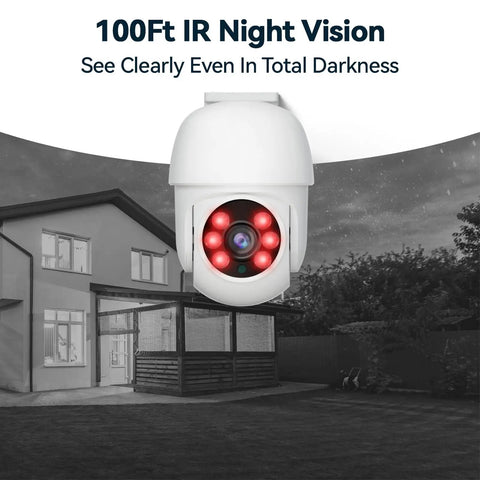 Outdoor Wired Security Camera System Kit with 4 Pan Tilt CCTV Cameras featuring 360 Degree View and Motion Detection at night