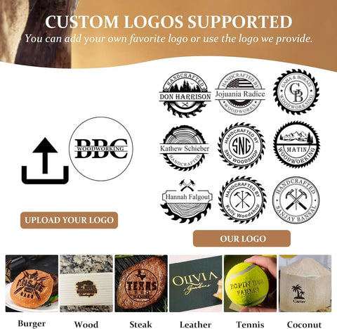 Variety of custom logos supported for Badass Electric Branding Iron For Wood With Smart Temperature Control, includes wood and steak branding.