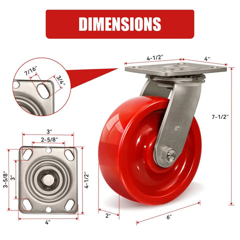Top Shelf 6 By 2 Inch Swivel Casters Set Of Four Heavy Duty Polyurethane Wheels On Rust Free Stainless Steel Brackets dimensions visual