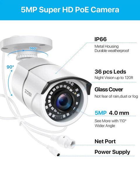 5MP PoE Bullet IP Camera With Night Vision For Outdoor and Indoor Surveillance 95 Degree Wide View Power Over Ethernet