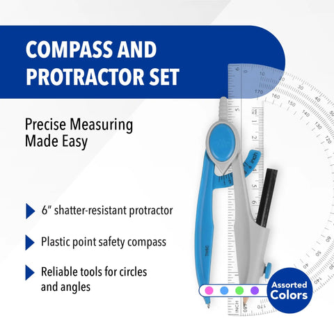 Geometry Set With Compass And Protractor For School Use Draw Circles Up To 13 Inches With An Easy Grip Compass And Clear 6 Inch Protractor Durable Math Tools For Class Homework And Back To School Assorted Colors, clear 6-inch protractor and compass