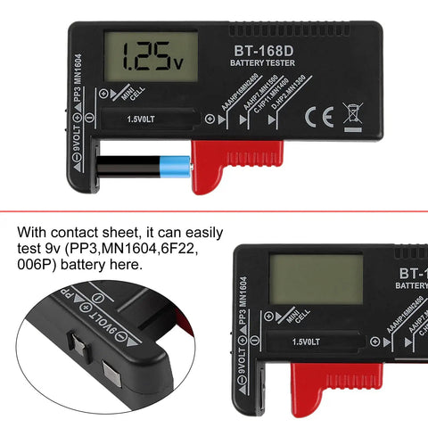 2 Pack Universal Battery Tester Checker For AAA AA C D 9V And 1.5V Button Cells, Easy Read LCD Digital Battery Tester For Household Use, Works With Standard And Rechargeable Batteries, No Batteries Required. Black LCD battery tester measuring a 9V battery.