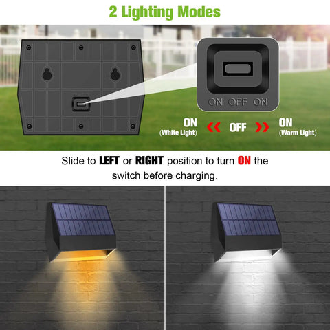 Solar Fence Lights Outdoor LED 4 Pack Breezy Install With Two Color Modes Warm And Cool Lighting switch and modes display