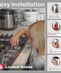 Child installing Kid Safe Stove Knob Locks For Gas And Electric Stoves Gray Silicone Safety Covers To Stop Toddlers And Pets