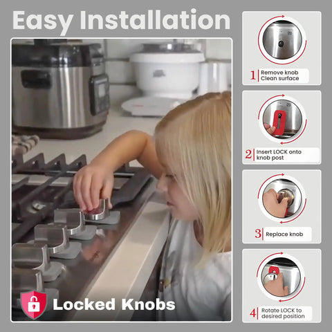 Child installing Kid Safe Stove Knob Locks For Gas And Electric Stoves Gray Silicone Safety Covers To Stop Toddlers And Pets
