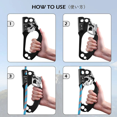 Right Hand Climbing Ascender For 8 To 13 Mm Rope in use, shown in four steps with hand grip and rope setup, UIAA Certified Rope Clamp