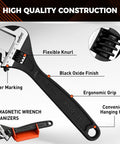 Four Piece Adjustable Wrench Set With 6, 8, 10, 12 Inch Wide Jaw Spanners Black Oxide CRV Steel Includes Magnetic Organizer Racks