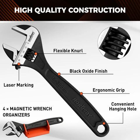 Four Piece Adjustable Wrench Set With 6, 8, 10, 12 Inch Wide Jaw Spanners Black Oxide CRV Steel Includes Magnetic Organizer Racks