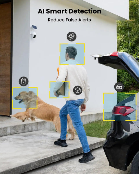Man approaches house with dog, carrying package, near Wireless Outdoor Security Camera System With Solar Powered Battery