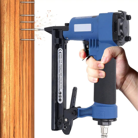 Rock Solid 22 Gauge Pneumatic Air Brad Nailer in use, showcasing ergonomic handle and split body design for woodworking tasks.