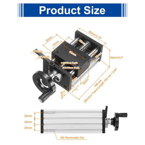 Rugged Manual Linear Stage With 100 mm Travel Double Optical Axis Slide Rail SFU1605 Ball Screw dimensions shown