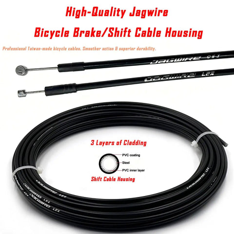 Bicycle Brake And Shift Cable Housing Kit With 50ft Total Length Two 25ft Rolls Of 4mm And 5mm Housing Includes 80 End Caps No Brainer Install Great Upgrade For Road Or Mountain Bikes Made In Taiwan, showing detailed cable structure.
