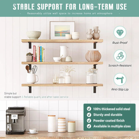 Image of Heavy Duty Countertop Support Brackets 4 Pack 12 By 6 Inch L Shape Steel Corbels mounted under wooden shelves.